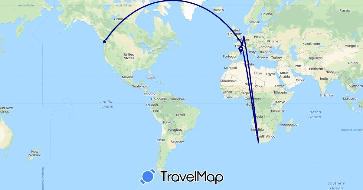 TravelMap itinerary: driving in Canada, Spain, France, Netherlands, South Africa (Africa, Europe, North America)